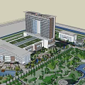 Modern Hospital Building Exterior Design With Red Cross Symbol And Glass Curtain Walls