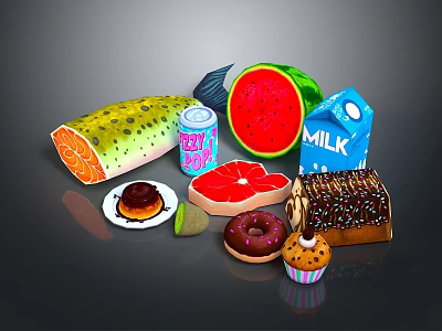 Assorted Fresh Food Selection Featuring Watermelon Grapefruit Milk Soda Pop Donuts And Cupcakes 3d model