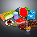 Assorted Fresh Food Selection Featuring Watermelon Grapefruit Milk Soda Pop Donuts And Cupcakes