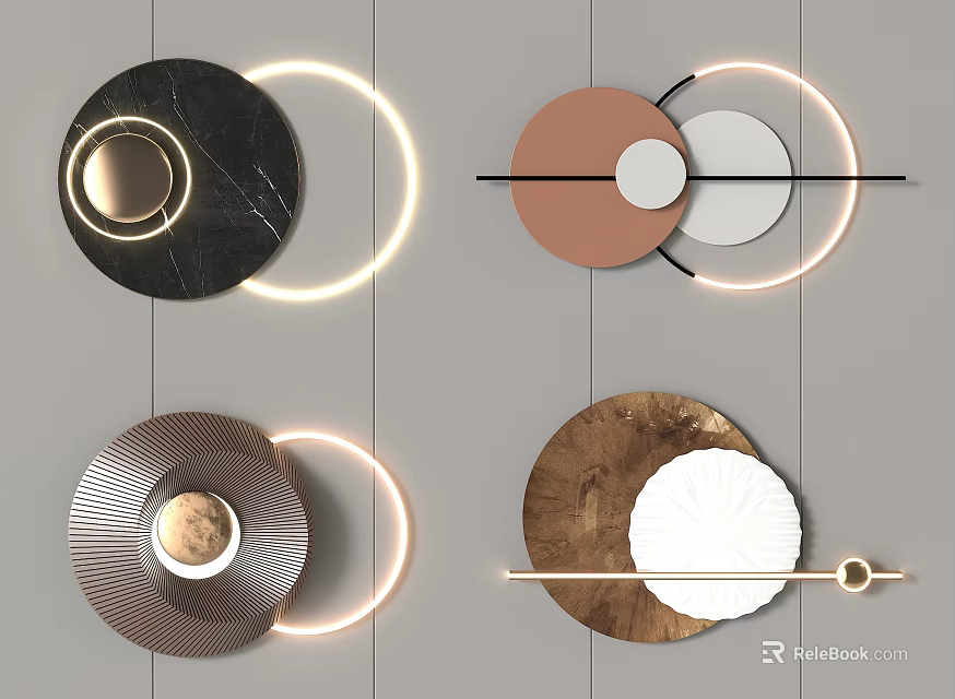 Modern Geometric Wall Decor With LED Light Rings And Marble Metal Accents 3d model 