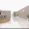 Stylish Hotel Lobby Interior With Blue Reception Desk And Hanging Chandeliers