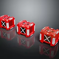 Three Red Cargo Boxes With White Cross Design And Reflective Surface 3d model