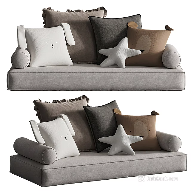 Modern Light Gray Ottoman Bench With White Brown Gray Decorative Pillows And Star Shaped Cushions 3d model 