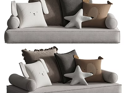 Modern Light Gray Ottoman Bench With White Brown Gray Decorative Pillows And Star Shaped Cushions 3d model