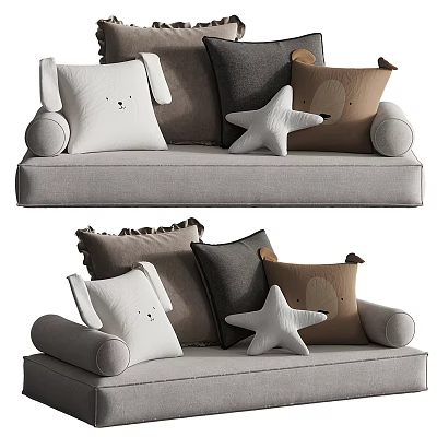 Modern Light Gray Ottoman Bench With White Brown Gray Decorative Pillows And Star Shaped Cushions 3d model