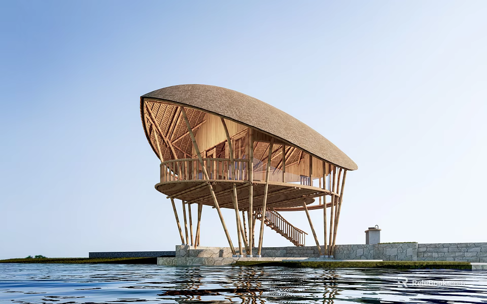 Scenic Overwater Bamboo Guesthouse With Thatched Roof And Wooden Support Structure 3d model 