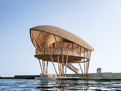 Scenic Overwater Bamboo Guesthouse With Thatched Roof And Wooden Support Structure 3d model