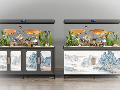Dual Elegant Fish Tanks With Goldfish Aquatic Plants And Mountain Pattern Cabinets 3d model
