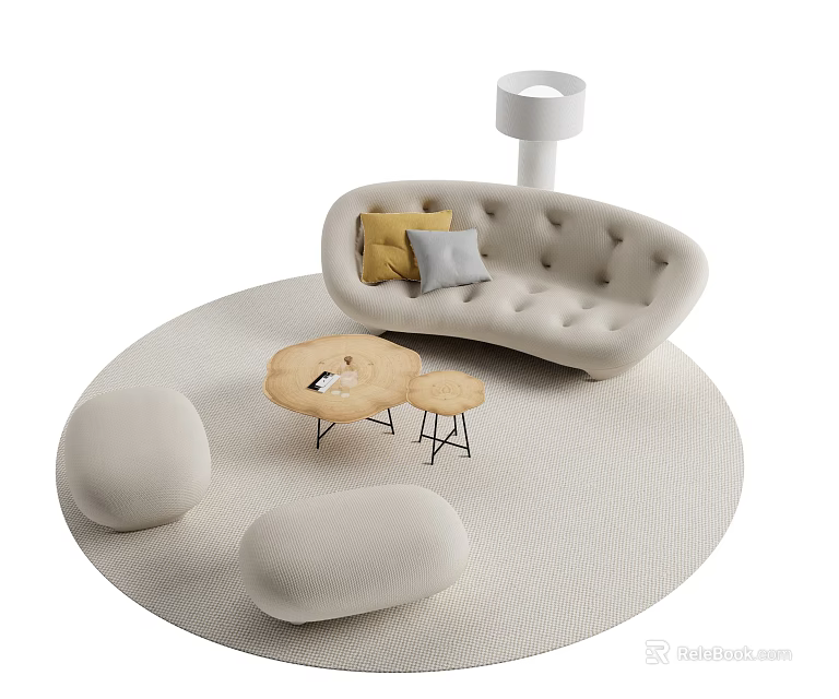 Curved Beige Sofa Coffee Table Set With Yellow Gray Cushions Round Ottoman And Floor Lamp 3d model 