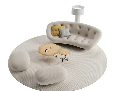 Curved Beige Sofa Coffee Table Set With Yellow Gray Cushions Round Ottoman And Floor Lamp 3d model