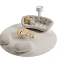 Curved Beige Sofa Coffee Table Set With Yellow Gray Cushions Round Ottoman And Floor Lamp