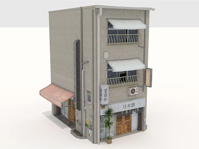 Japanese Style Two Story Building With Shop Front Awnings Balconies And Wooden Shutters 3d model