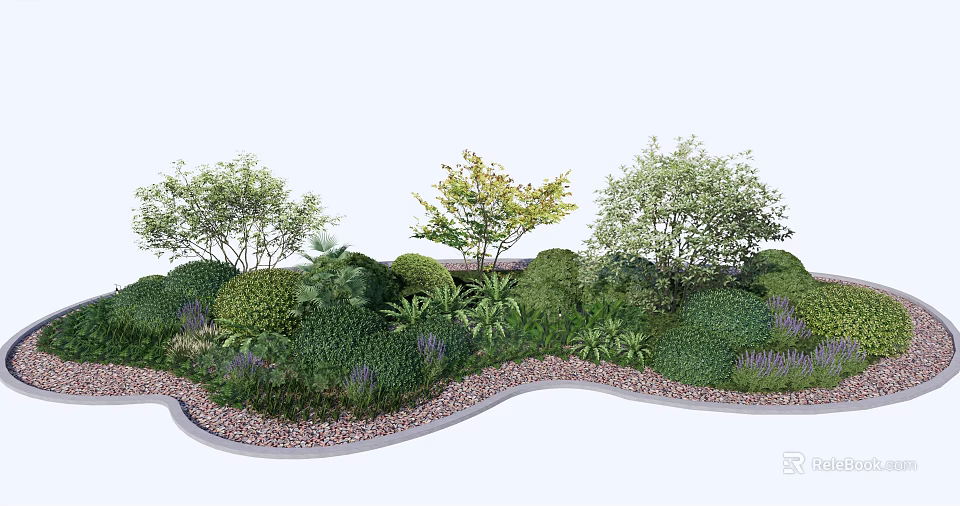 Lush Green Shrubs In Garden Landscape With Mixed Plants And Curved Pebble Edges 3d model 