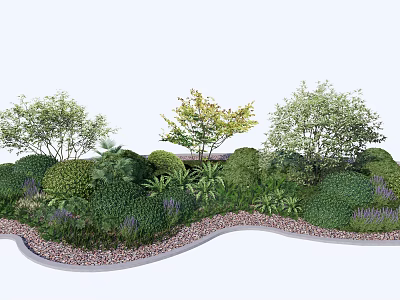 Lush Green Shrubs In Garden Landscape With Mixed Plants And Curved Pebble Edges 3d model