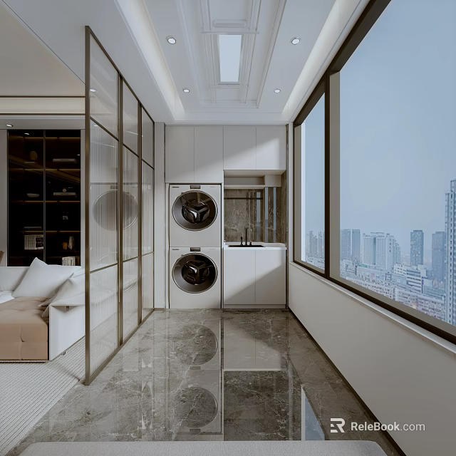 Modern Home Balcony Interior With Double Washing Machines Floor to Ceiling Windows And City View 3d model 