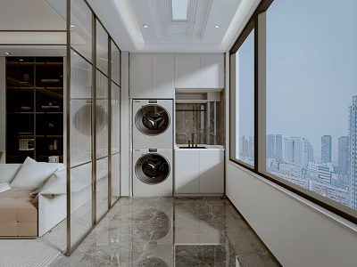 Modern Home Balcony Interior With Double Washing Machines Floor to Ceiling Windows And City View 3d model
