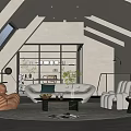 Modern Living Room With Sloped Ceiling Skylight Glass Bookshelf White Sofa Striped Armchair Round Rug