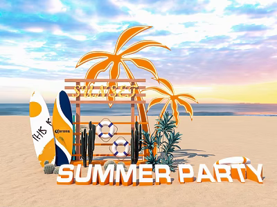 Summer Beach Party Setup With Orange Palm Trees Surfboards Lifesavers And Sunset View 3d model
