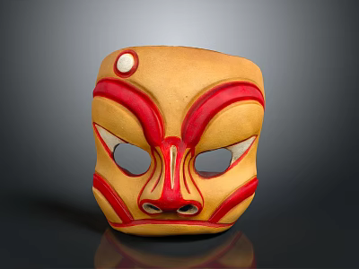 Traditional Yellow Red Decorative Mask With White Dot And Intricate Red Line Patterns 3d model