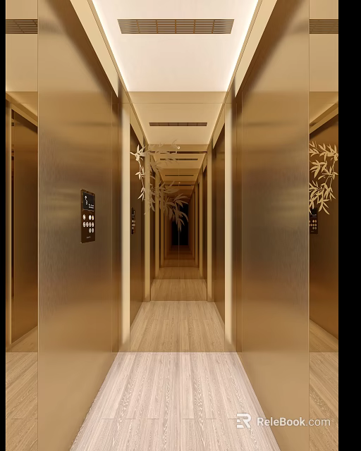 Luxurious Elevator Hallway Interior Design With Golden Doors Wooden Flooring And Decorative Lighting 3d model 