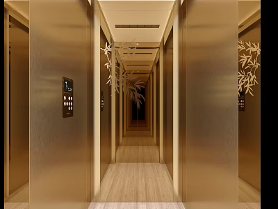 Luxurious Elevator Hallway Interior Design With Golden Doors Wooden Flooring And Decorative Lighting 3d model