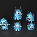 Blue Small Horned Monsters As Game Movie Characters With Various Expressions And Poses