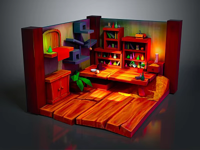 Cartoon Scene of Wooden Room with Wooden Desk Shelves Bottles Plant and Warm Lighting Stairs 3d model