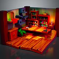 Cartoon Scene of Wooden Room with Wooden Desk Shelves Bottles Plant and Warm Lighting Stairs