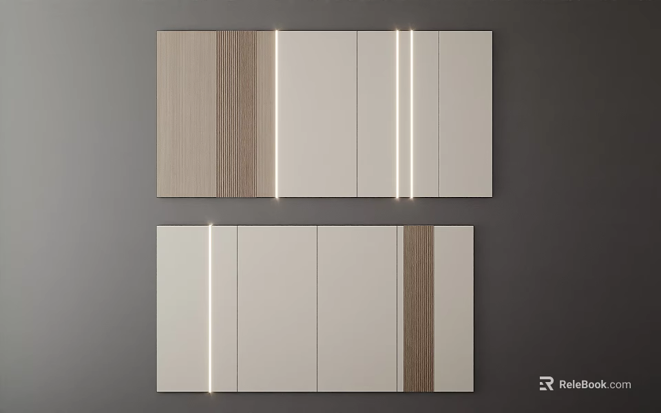 Modern Interior Wall Design Featuring Wooden And White Panels With LED Strip Lights 3d model 