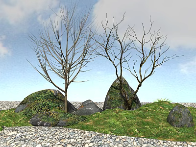 Bare Branch Trees With Rocks Grass And Gravel Ground Under Blue Sky And White Clouds 3d model