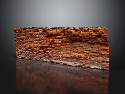 Rustic Red Brick Wall With Textured Surface And Moss On Black Reflective Base 3d model