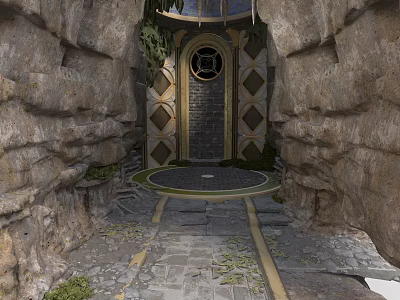 Rocky Architectural Entrance With Circular Door Diamond Decorations Stone Pathway Green Plants And Circular Top 3d model