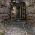 Rocky Architectural Entrance With Circular Door Diamond Decorations Stone Pathway Green Plants And Circular Top