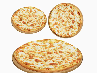 Freshly Baked Cheese Pizza in Three Different Sizes on Wooden Trays 3d model