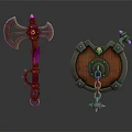 Fantasy Battle Axe And Shield With Wooden Handles Metal Frames Purple Accents And Skull Decorations