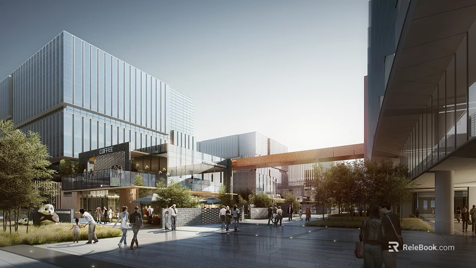 Modern Urban Commercial Street With Modern Buildings Pedestrians Greenery And Open Walkway 3d model 