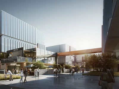 Modern Urban Commercial Street With Modern Buildings Pedestrians Greenery And Open Walkway 3d model