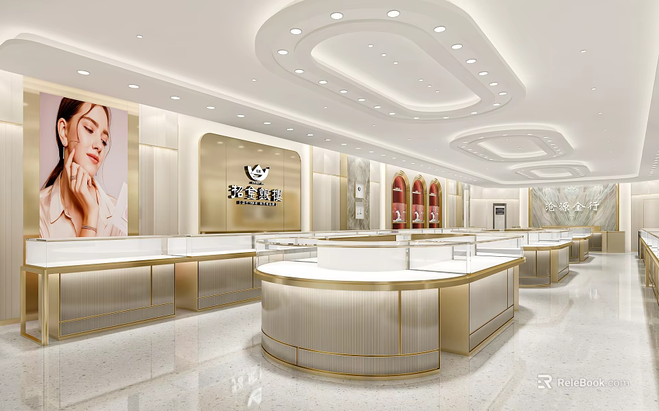 Modern Luxury Jewelry Store Interior With Gold Round Counters And Bright Lighting 3d model 