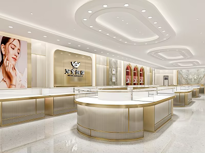 Modern Luxury Jewelry Store Interior With Gold Round Counters And Bright Lighting 3d model
