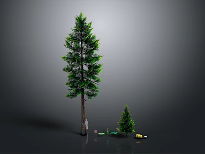 Cartoon Scene With Tall And Small Pine Trees Little People Green Grass And Yellow Flowers 3d model