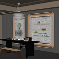 Modern Tea Room Interior With Dark Walls Display Shelves Tea Sets And Pendant Chandelier