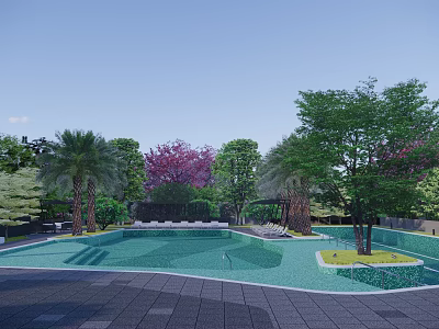 Scenic Outdoor Swimming Pool Area With Palm Trees Purple Flowers Green Plants And Stone Tiles 3d model