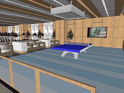 Modern Fitness Gym Interior With Ping Pong Table Fitness Equipment And Seating Area 3d model