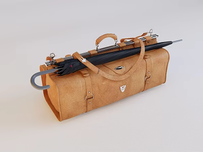 Brown Leather Travel Bag with Black Umbrella Handle and Metal Buckles 3d model
