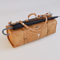 Brown Leather Travel Bag with Black Umbrella Handle and Metal Buckles