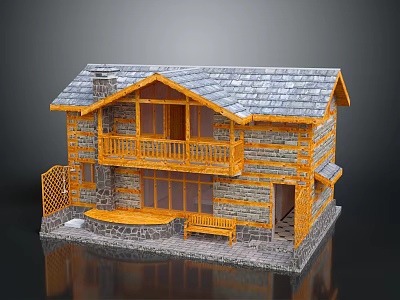 Two Story Log Cabin Model With Stone Walls Wooden Roof And Balcony Bench 3d model