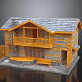 Two Story Log Cabin Model With Stone Walls Wooden Roof And Balcony Bench