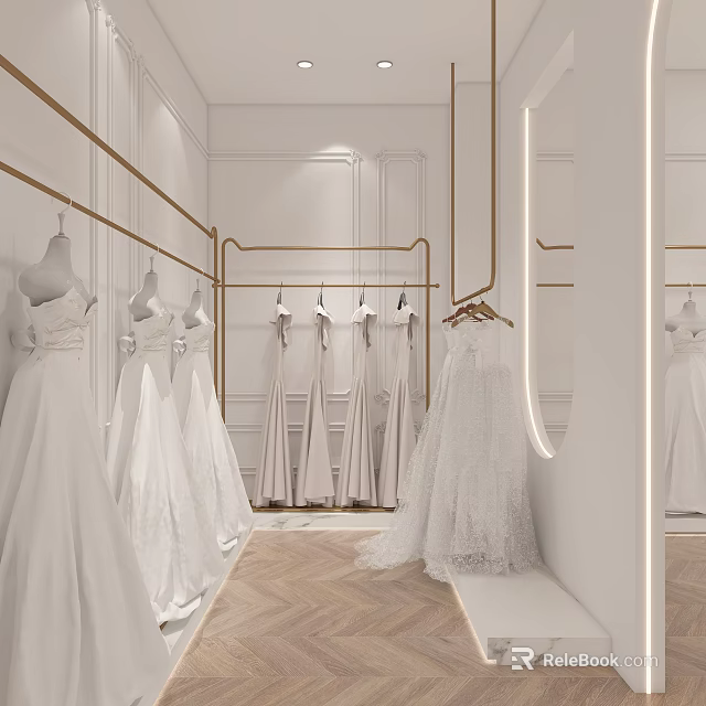 Elegant Bridal Shop Interior Design With Hanging Wedding Dresses And Mirrors 3d model 