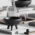 Stylish Decorative Ornament Set with Black Bowls White Vases Books Tray Glass Cups and Eyeglasses