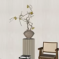 Minimalist Decorative Ornament Combination With Ceramic Vase Yellow Flowers And Wooden Chair